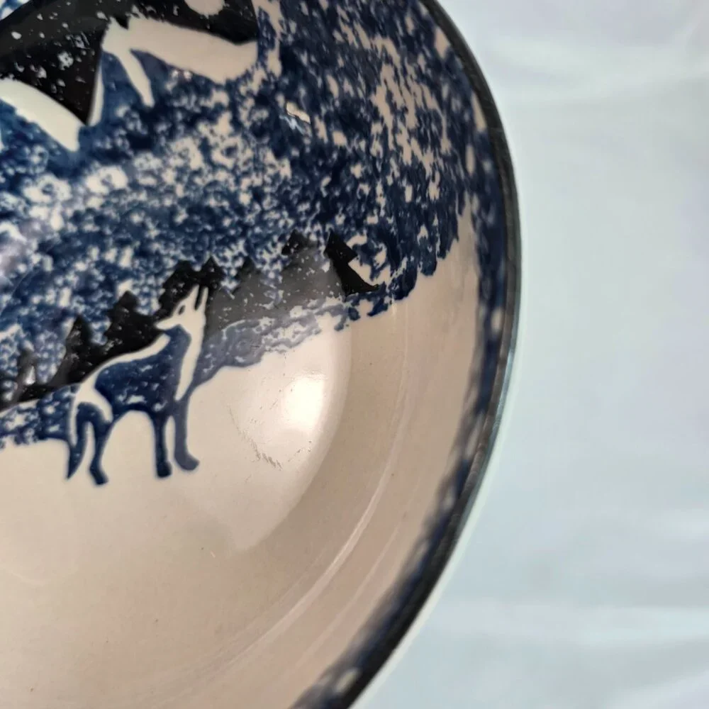 TWO Tienshan Folk Craft Wolf Coupe Cereal Bowls Blue Wolf & Sponge Rim